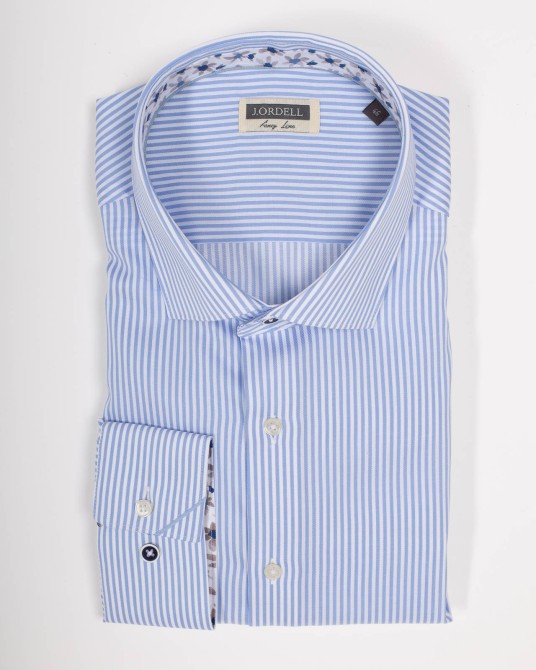 Chemise cintrée manches extra-longues 72 cm à rayures bâton bleu clair