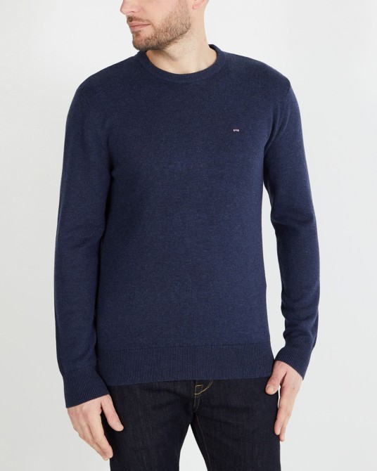 Pull col rond en laine et coton grande taille bleu indigo