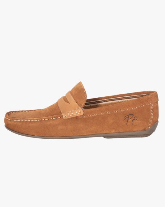 Mocassin en daim bimatière grande taille camel