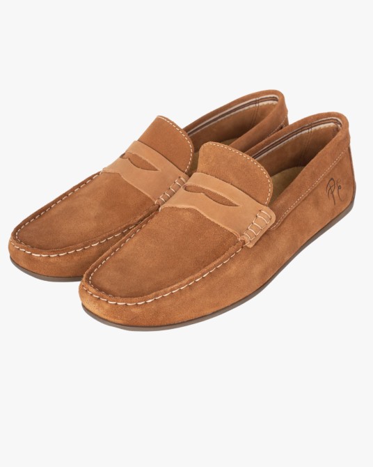 Mocassin en daim bimatière grande taille camel