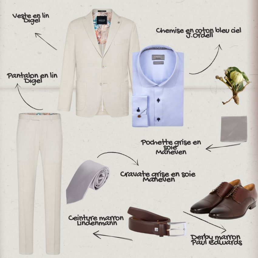 Look avec un costume beige grande taille homme en été