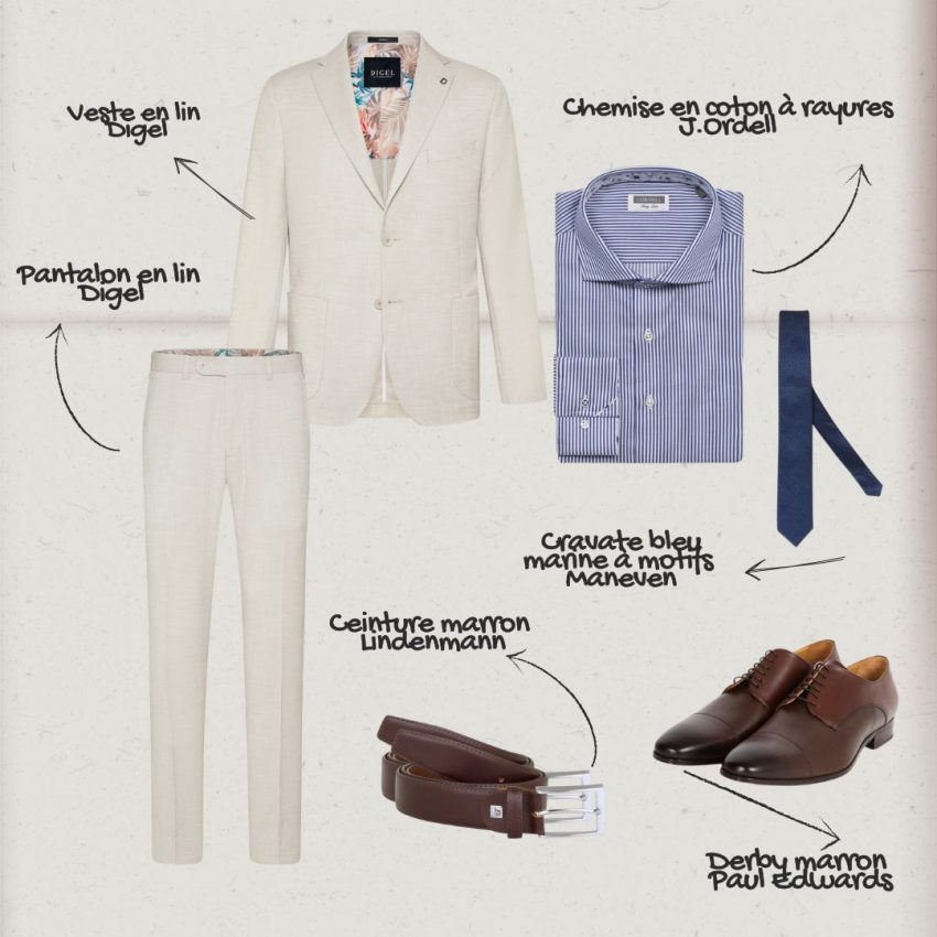 Idée de look avec un costume beige homme grande taille pour un mariage.